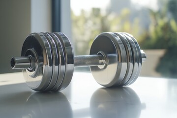 Fototapeta premium A shiny dumbbell rests on a smooth surface. Its polished finish reflects the natural light beautifully. Fitness equipment is vital for strength training. Generative AI