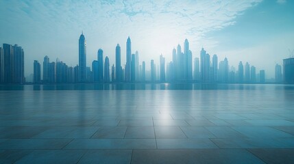 Fototapeta premium Manhattan, Dubai, Shanghai, and Hong Kong City Centers with Platforms, Roads, Parking Lots, and Brick Pavements for Car Advertisement Background