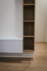 room with wooden shelves