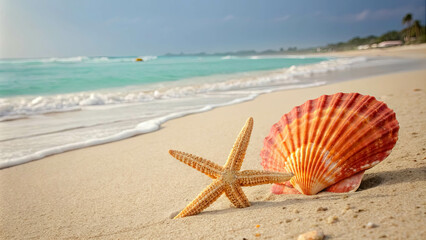 Seashells and a Starfish Resting on a Sandy Beach, A Symbol of Tranquility and Coastal Beauty