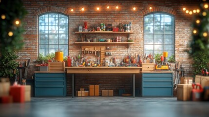 Obraz premium In a warm workshop, Santa prepares for the holiday season, surrounded by colorful presents, a workbench filled with tools, and cheerful decorations.