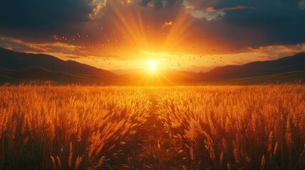Fototapeta premium Golden Sunset Over Grass Field