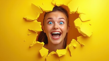 A young woman with a beaming smile peeks through a colorful hole in a damaged wall, shards of blue and yellow flying in different directions.