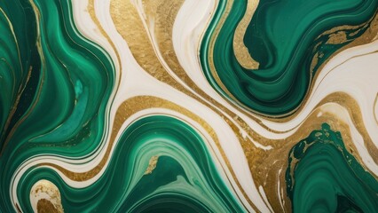 A stunning abstract design featuring rich green swirls, creamy white, and luxurious gold accents. Perfect for modern decor or artistic projects