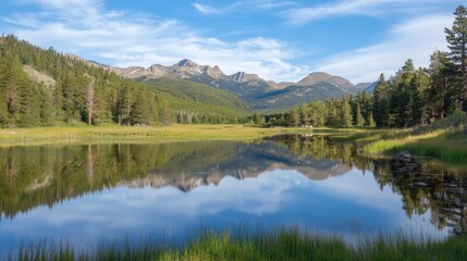 A tranquil lake reflects serene mountain vistas, capturing the beauty of nature. This image of the lake in the mountains includes ample space for text or design elements.