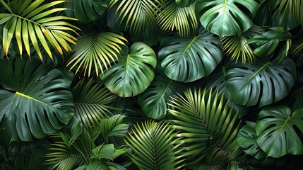 A lush arrangement of various green tropical leaves creating a vibrant natural backdrop.