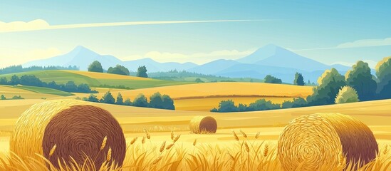 Hay Bales Are Placed Across The Farm Or Field Sunny Landscape With Round Bales In Hot Summer Rural Scenery Of Straw Rolls And Wheat Haystacks In Countryside Pasture