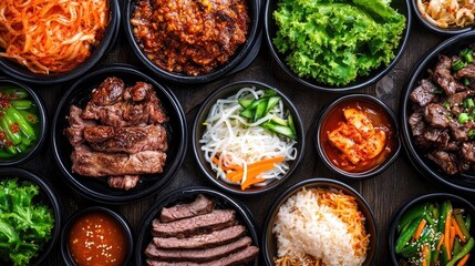 Black dish of banchan accompanied by meat barbecue and wild rice, perfect for food photography. This appetizing banchan arrangement offers visually appealing elements and ample copy space.