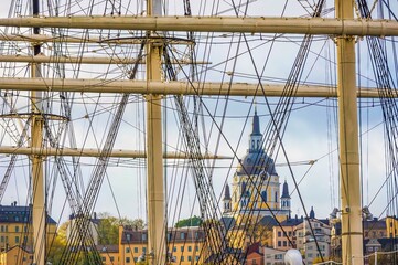View od Old Town Stockholm with ship masts, Sweden