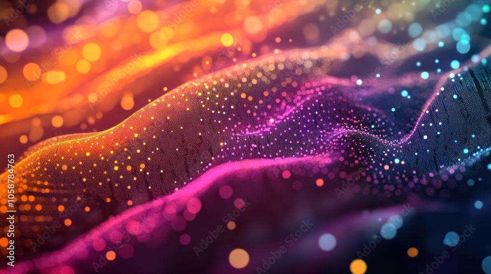 Poster structure, with multiple layers of brightly colored particles creating a mesmerizing effect. the dot