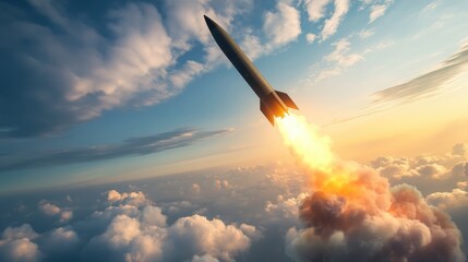 A military missile soaring through the sky designed for warfare purposes including capabilities for nuclear or chemical payloads