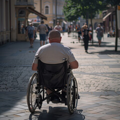 Obraz premium A large, middle-aged man in a wheelchair on the sidewalk, viewed from behind.