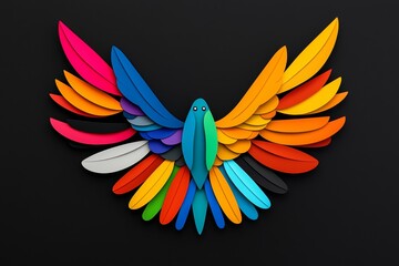 Obraz premium Colorful bird with many different colored feathers. bird is in center of the image and is surrounded by a black background. colors of feathers are vibrant and eye-catching, creating sense of energy