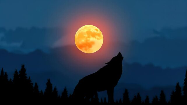 Majestic wolf howling at a full moon in tranquil night sky over forest