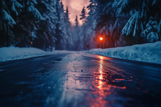 Close-up view of slippery ice road during winter night