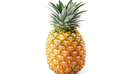 Fototapeta premium Pineapple positioned against a white background, emphasizing the vibrant colors and textures of the pineapple. Ideal for design purposes, with ample space for copy.