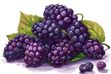 Fototapeta premium A cluster of ripe blackberries with green leaves on a white background.