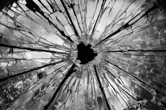 The glass window was broken with a complicated circular crack in the middle