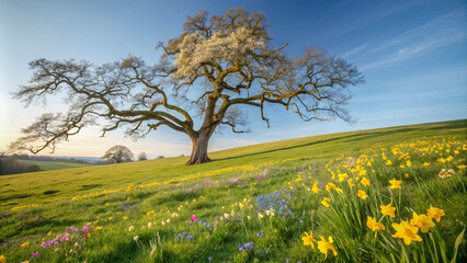 Fototapeta premium A solitary tree stands tall amidst a vibrant meadow, its branches reaching towards the azure sky, as if embracing the beauty of the blooming flowers below.