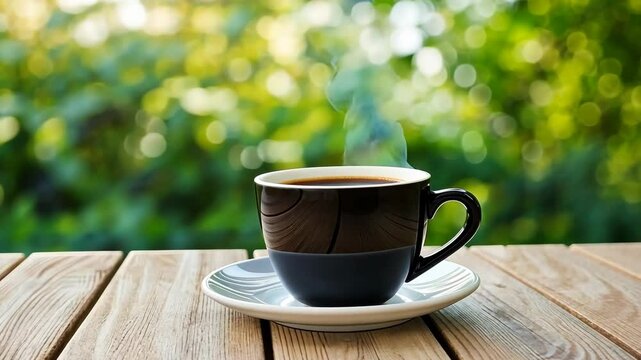 A steaming cup of coffee sits on a wooden table with a blurred background of green foliage