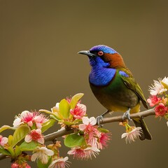 Obraz premium Vibrant bird perched on a flowering branch in soft focus