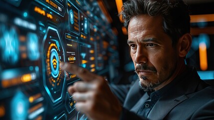 A man interacts with a futuristic digital interface displaying data and analytics.
