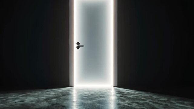 A glowing, closed door in a dark room symbolizing opportunity and mystery, related to new beginnings and Halloween
