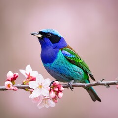 Vibrant bird perched on a flowering branch in soft focus