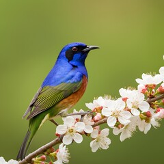 Obraz premium Vibrant bird perched on a flowering branch in soft focus