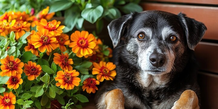 An older dog is resting contentedly next to vibrant indoor flowers that are in full bloom. This scene emphasizes the themes of pet wellness and comfort for senior dogs.