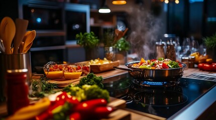 Close-up of a kitchen counter with a pan of food cooking on a stovetop