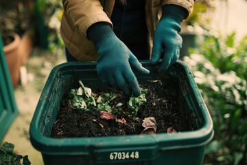 Fototapeta premium Close-Up of Woman Adding Organic Waste to Home Compost Bin for Backyard Gardening