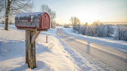 A rustic mailbox stands tall against the backdrop of a snow-covered road stretching towards a golden sunrise. The sun's rays pierce through the frosted trees, creating a breathtaking winter scene.