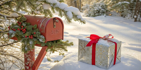 A red mailbox adorned with evergreen boughs and red berries sits in a snowy landscape, a wrapped gift with a red ribbon rests nearby, waiting for a special delivery.