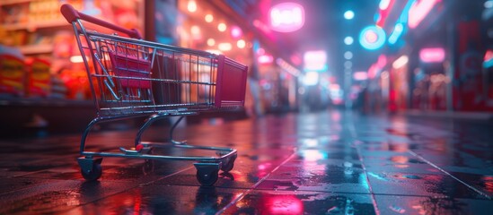 Shopping Cart Abandoned in Neon-Lit City Street