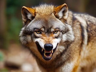 Fototapeta premium A close up of a wolf with its mouth open showing its teeth