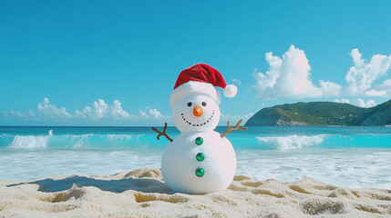 Smiling snowman in a Santa hat on a sandy beach.