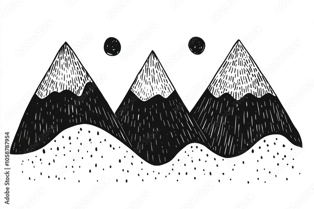 Poster a black and white drawing of three mountains, great for use in educational materials or as a minimal