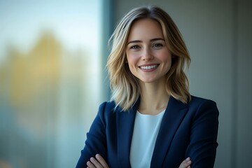 Smiling Blonde Businesswoman in Blue Suit Standing Indoors
