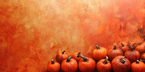 Autumn themed close up showcasing a textured orange backdrop adorned with pumpkins, perfect for decorations during Halloween or Thanksgiving celebrations.