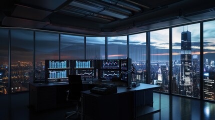 Modern Office with Cityscape View at Night