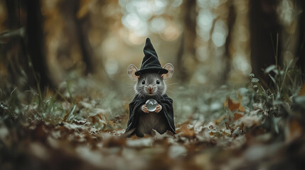 Obraz premium A small mouse dressed as a wizard holds a crystal ball in a forest.