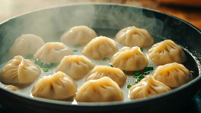 Steaming hot dumplings in a pan, perfect for Chinese New Year celebrations and culinary traditions