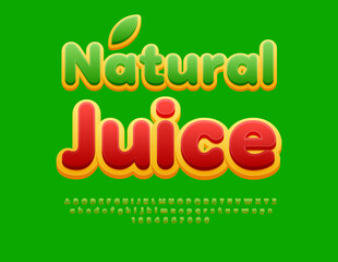 Vector advertising badge Natural Juice. Cute Bright Font. Creative Alphabet Letters and Numbers set