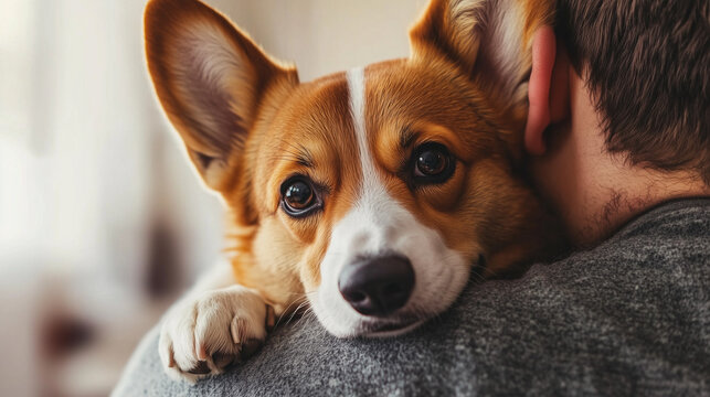 Cute corgi dog looking to the camera while being held by his owner at the vet clinic, selective focus, copy space.