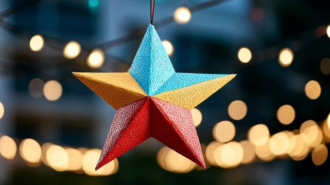 Colorful pinata star hanging with blurred festive lights, perfect for Christmas or Posadas celebrations