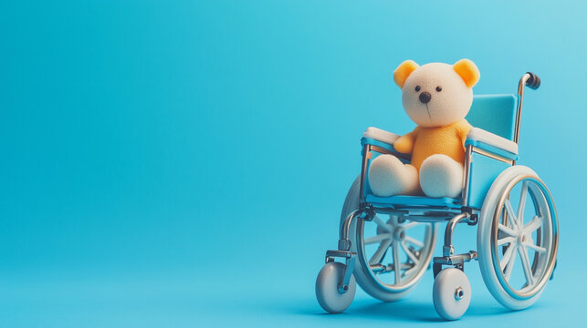 International day of persons with disabilities. Wheelchair wirh toy on blue background.
Copy space. - Powered by Adobe