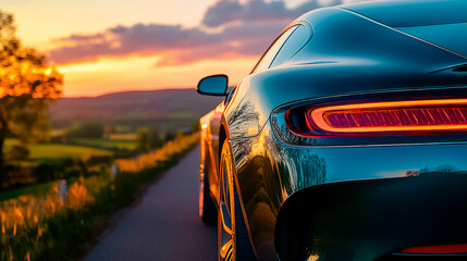 Fototapeta premium Close up view tail light of a car standing on a rural road at sunset.