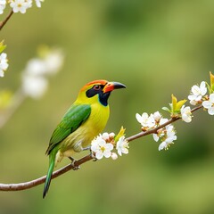 Naklejka premium Vibrant bird perched on a flowering branch in soft focus