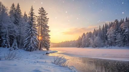 Fototapeta premium A winter sunrise casts a golden glow over a frozen lake surrounded by snow-covered trees, creating a picturesque scene of serene beauty.